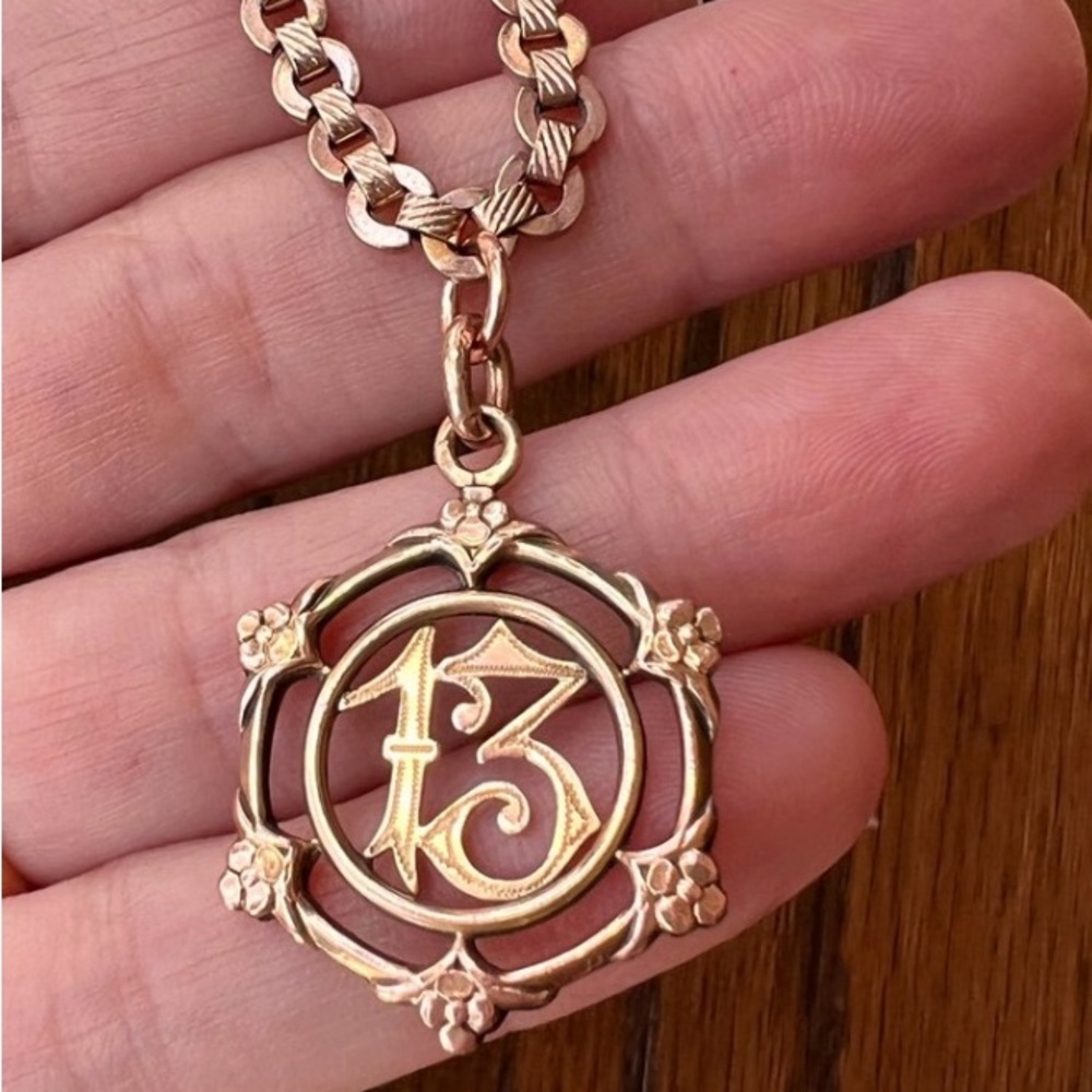 Antique French Lucky FiX Number # Rose Gold Fill Pendant Necklace Book CHAIN